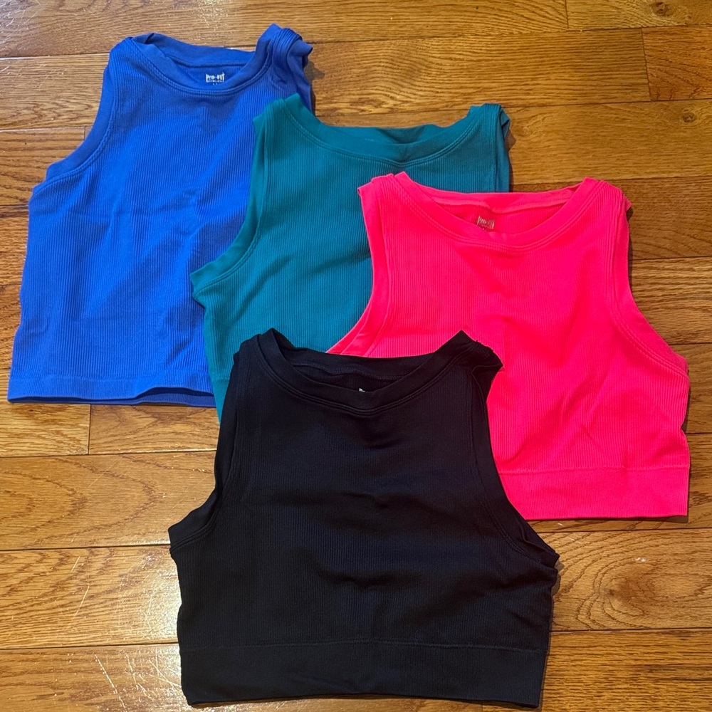Set of 4 Pro-Fit Ribbed Sports Bras/Tank - Black, Royal Blue, Teal, Hot Pink